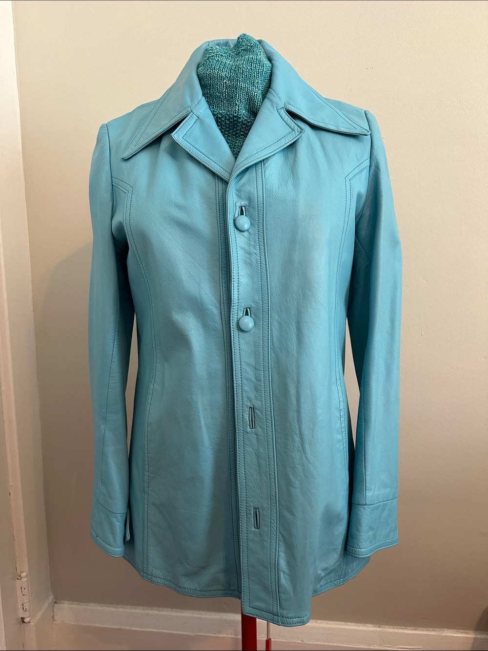 Classic Women's Light Blue Leather Coat